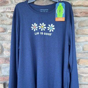 LIFE IS GOOD Crew L/S Pullover Cationic Active Top Daisies Navy XS S M  NWT